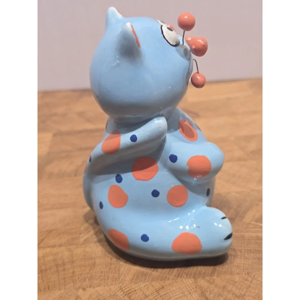 4.5 Inch Ceramic Whimsical Orange Dot Cat With Metal Pin Whiskers Figure